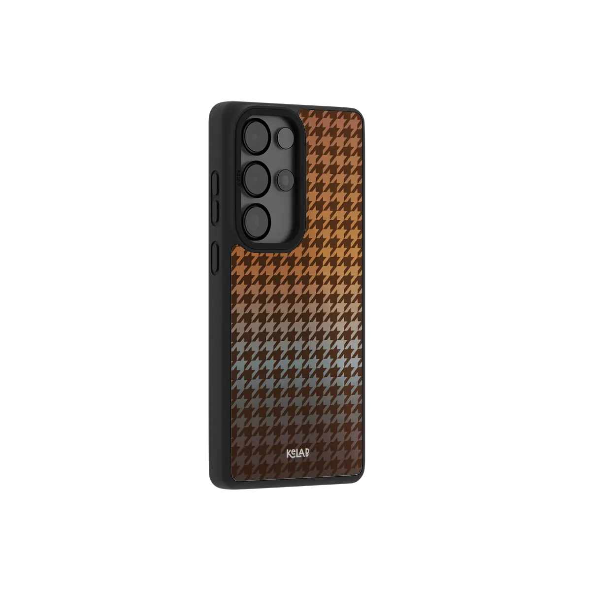 Brown houndstooth Samsung Galaxy case at a side angle showing the wrapped button covers