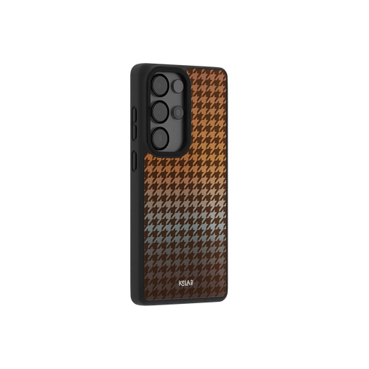 Brown houndstooth Samsung Galaxy case at a side angle showing the wrapped button covers