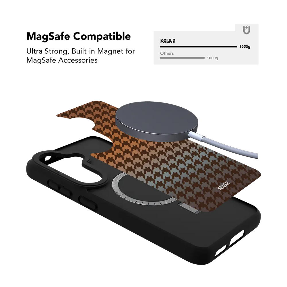 Brown houndstooth Samsung Galaxy case holding a magnetic wireless charger through the built in ring