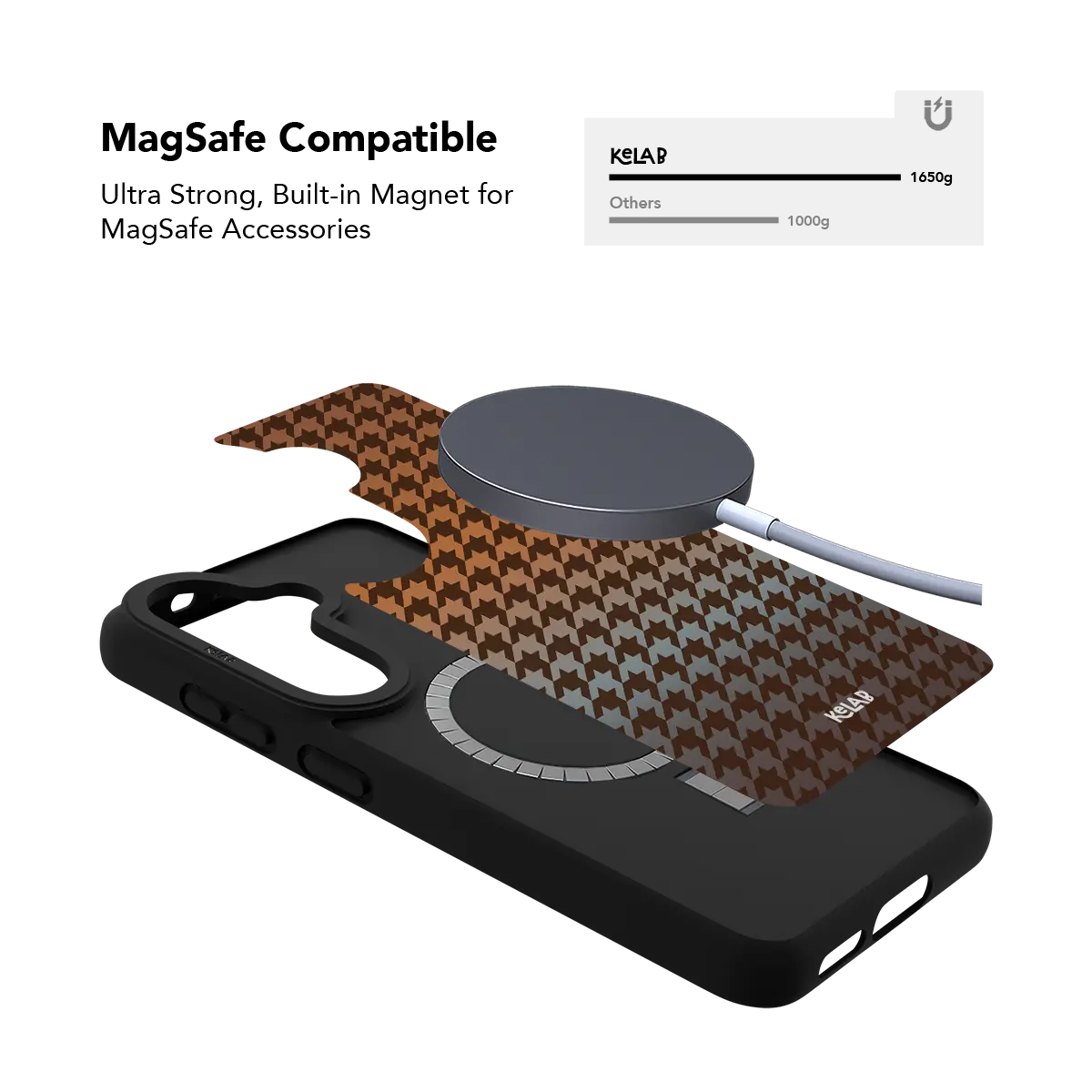 Brown houndstooth Samsung Galaxy case holding a magnetic wireless charger through the built in ring