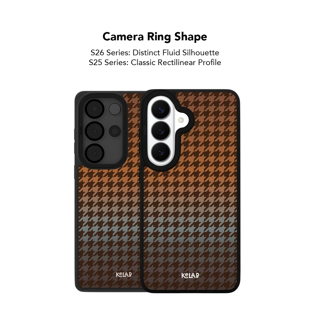 Close up of the camera ring cutout on the brown houndstooth Samsung Galaxy case