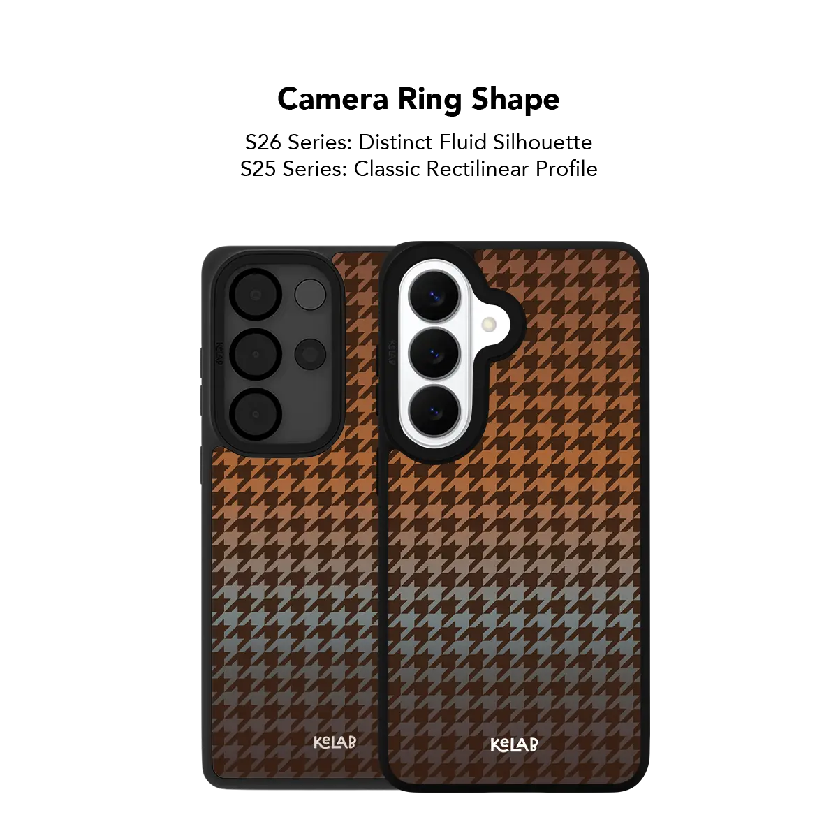 Close up of the camera ring cutout on the brown houndstooth Samsung Galaxy case