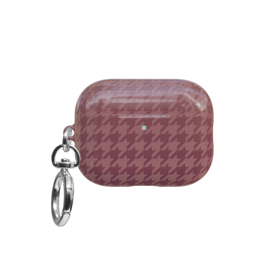 Pink Houndstooth Coquette Preppy airpods pro case front view with closed lid and keychain