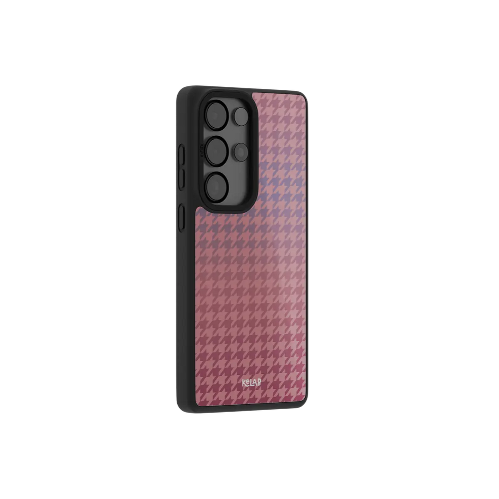 Pink houndstooth Samsung Galaxy case at a side angle showing the wrapped button covers