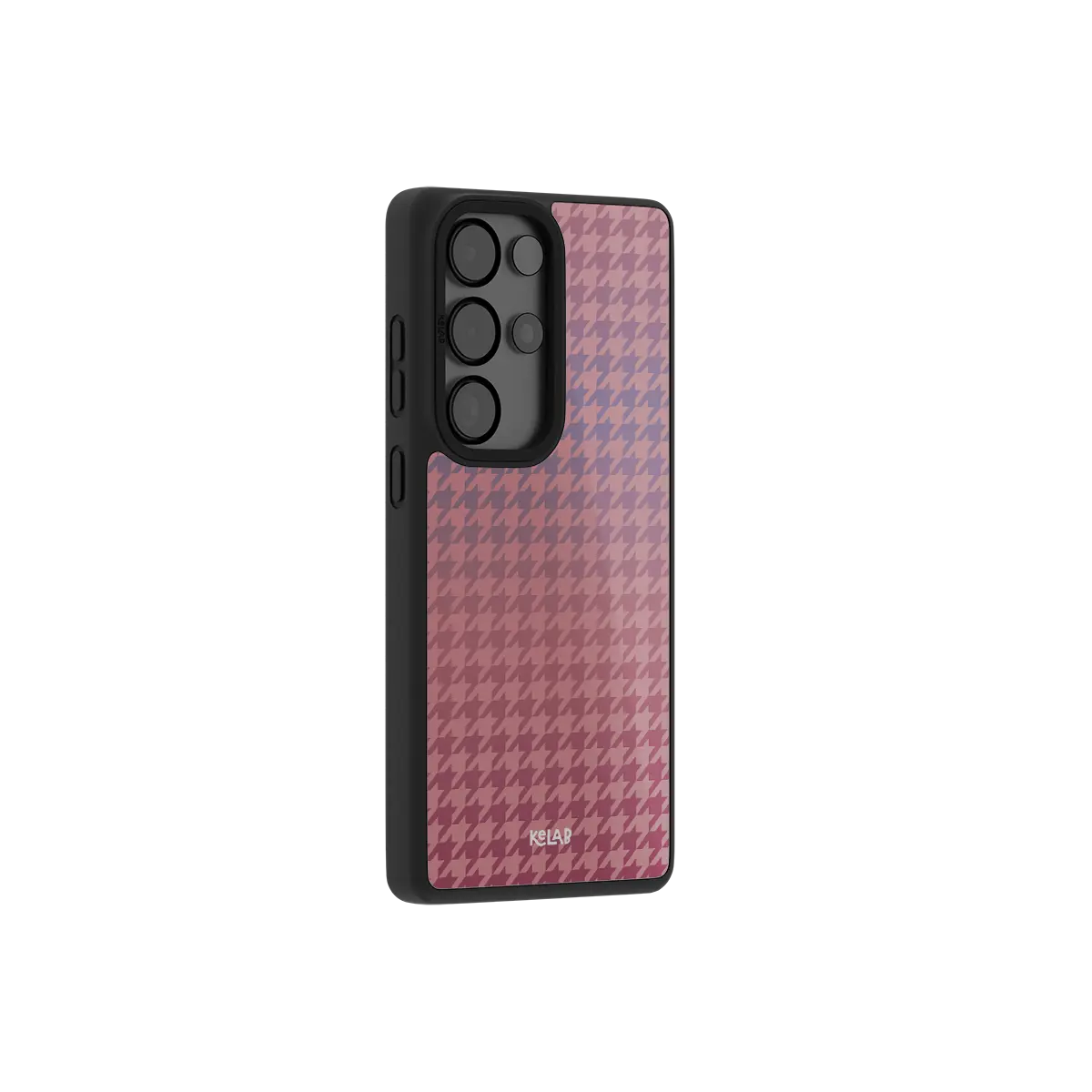 Pink houndstooth Samsung Galaxy case at a side angle showing the wrapped button covers