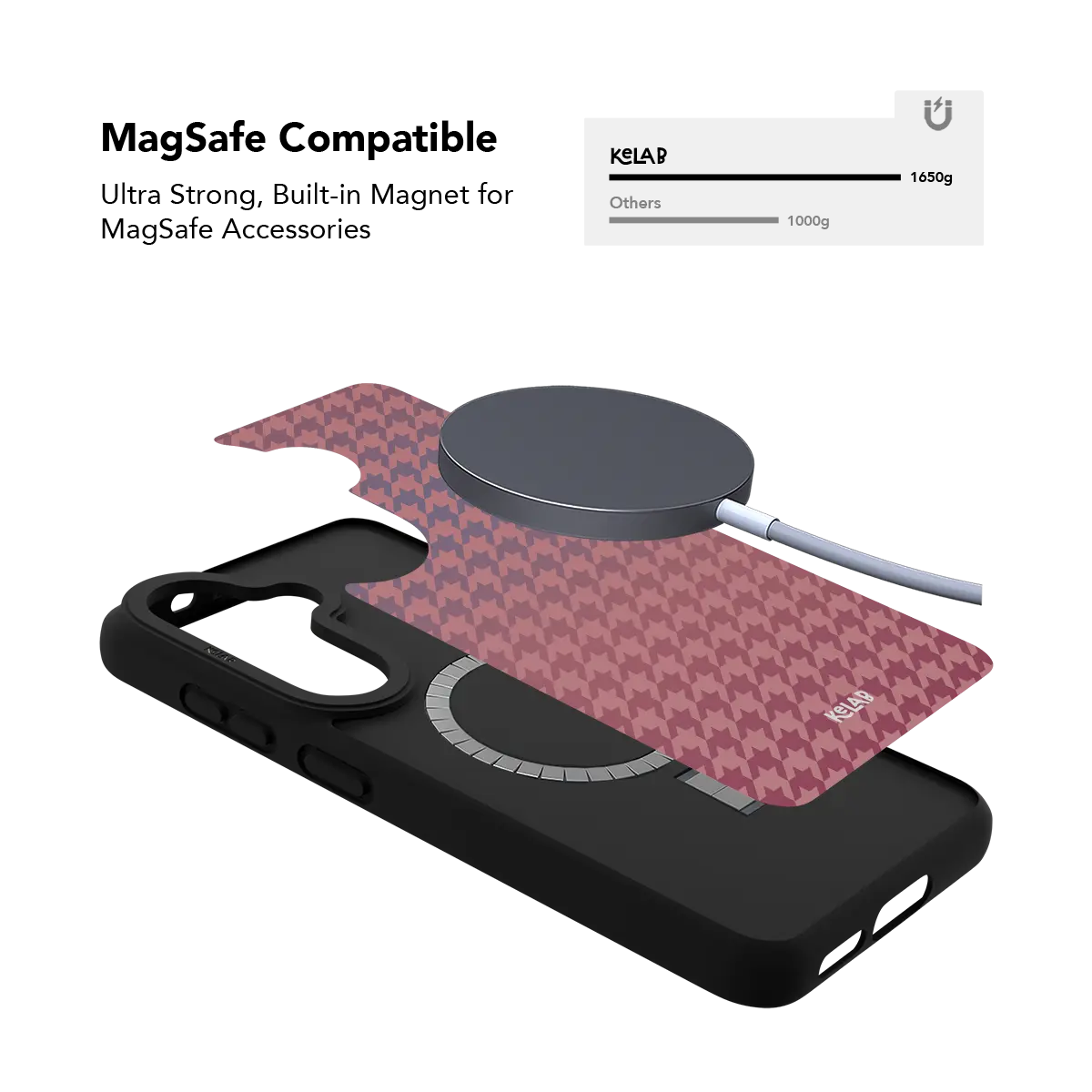 Pink houndstooth Samsung Galaxy case holding a magnetic wireless charger through the built in ring
