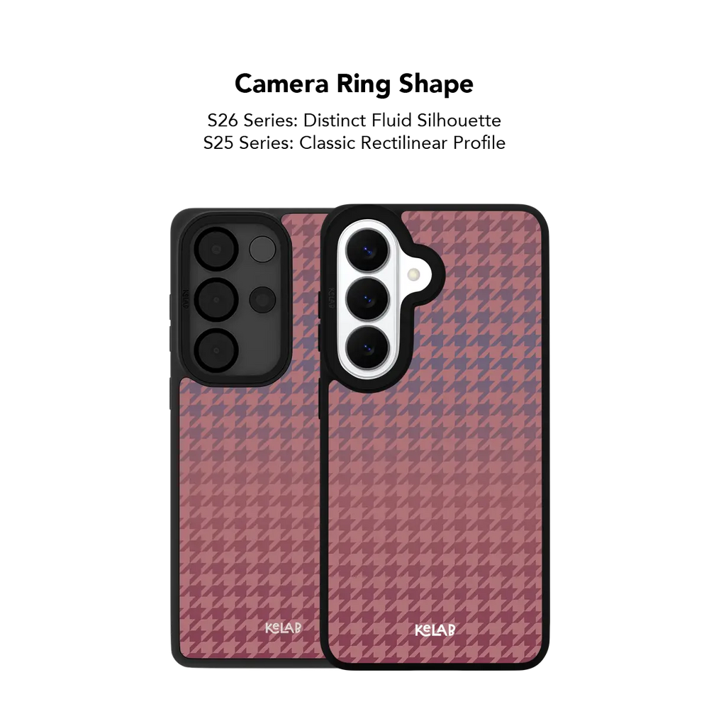 Close up of the camera ring cutout on the pink houndstooth Samsung Galaxy case