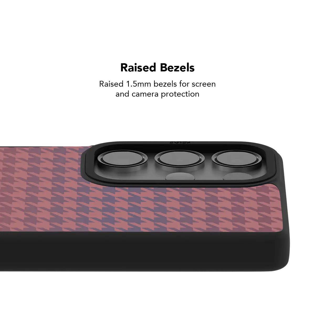 Raised bezel on the pink houndstooth Galaxy case lifting the camera lenses clear of a flat surface