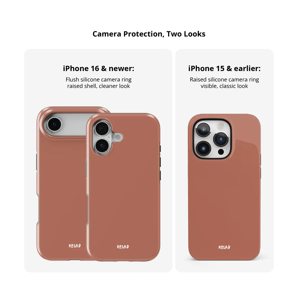 KELAB iPhone case solid color terracotta clay with glossy finish and raised camera lip for lens clearance