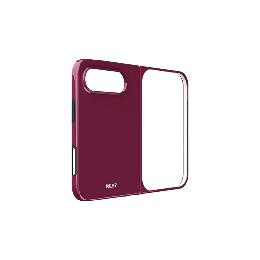 Burgundy, Deep Berry Minimalist iPhone 18 Fold Case, unfolded side view showing the hinge