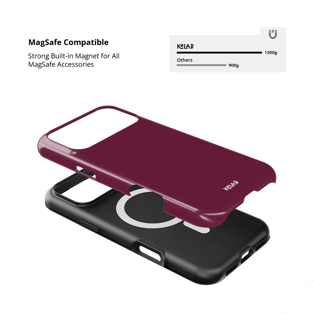 KELAB iPhone case solid color burgundy with MagSafe raised camera lip and tough hard shell