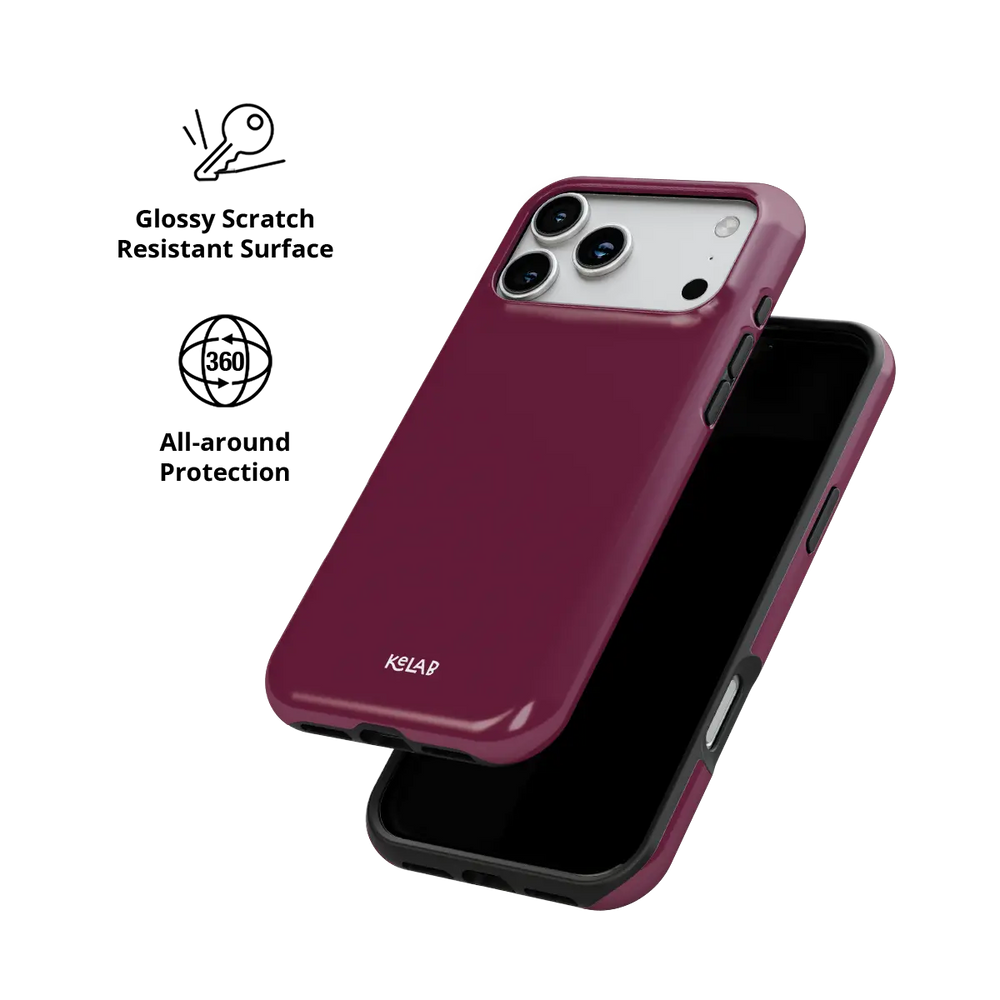 Solid color KELAB iphone case with raised camera lip, burgundy hard shell and MagSafe