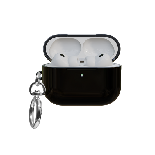Minimalist Black airpods pro case front view with open lid and keychain