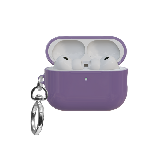 Solid Dusty Purple airpods pro case front view with open lid and keychain