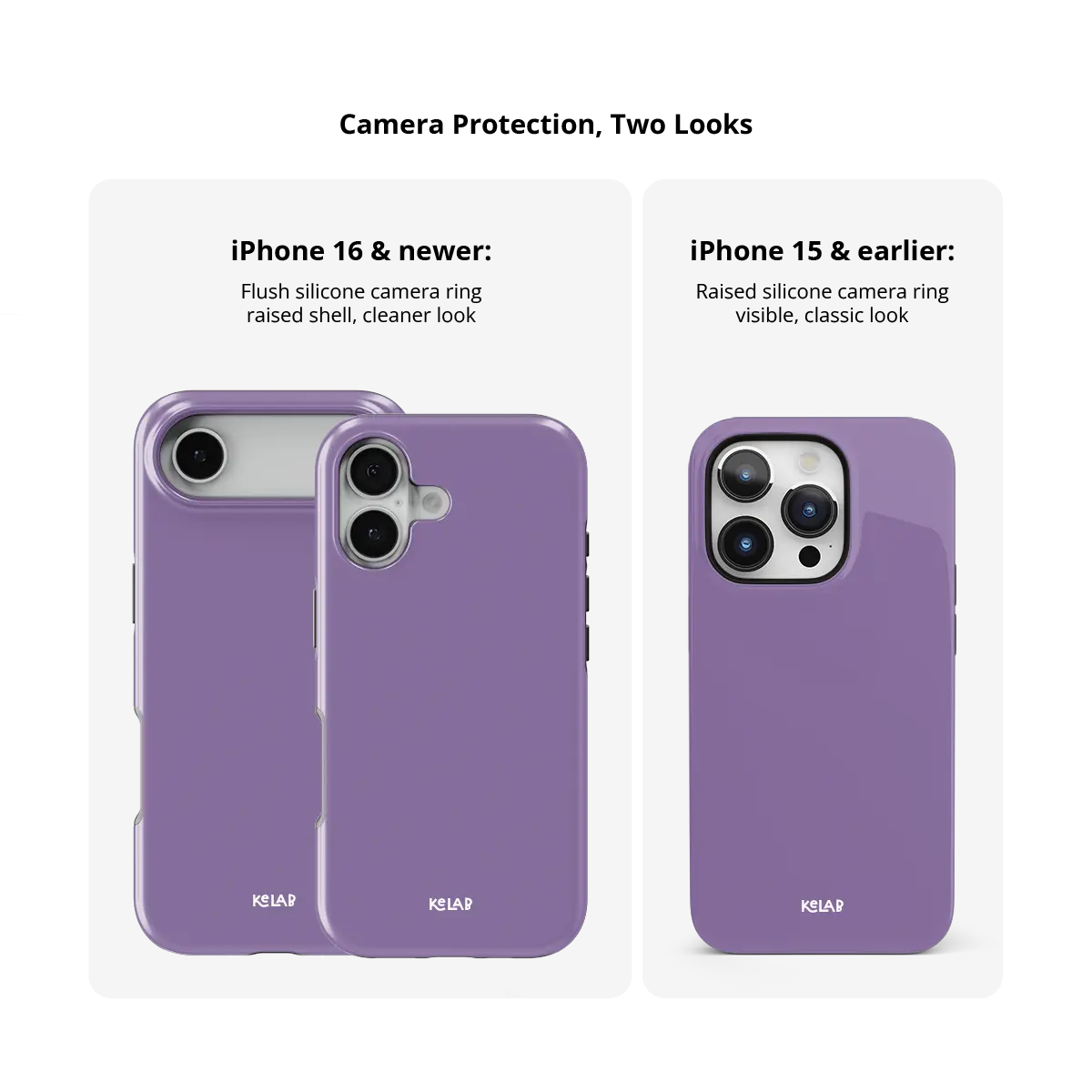 KELAB solid color iphone case in purple with raised lip around camera cutout