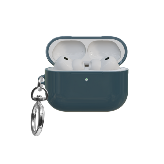 Solid Teal Blue airpods pro case front view with open lid and keychain
