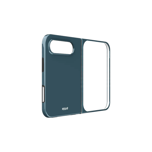 Teal, Deep Slate Blue Minimalist iPhone 18 Fold Case, unfolded side view showing the hinge