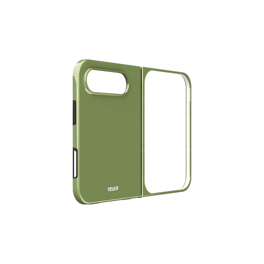 Matcha Green, Earthy Olive Tone iPhone 18 Fold Case, unfolded side view showing the hinge