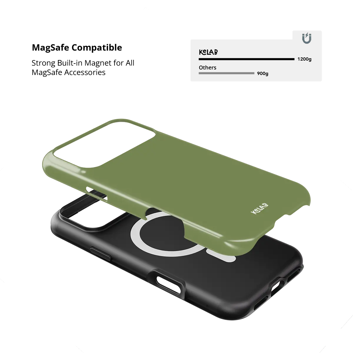 Solid Color KELAB iPhone Case in olive green with raised camera cutout lip and MagSafe