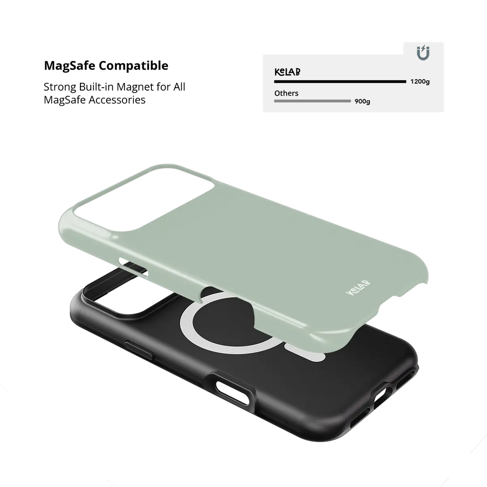Solid Color KELAB iPhone Case with raised camera lip, mint green and MagSafe cutout