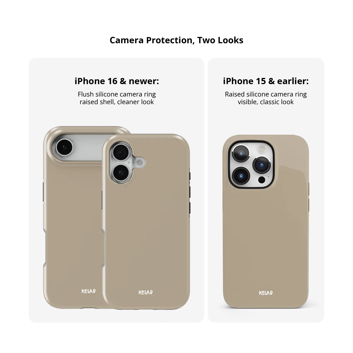 Solid Color KELAB iPhone Case in taupe with MagSafe for wireless charging, hard shell with silicone liner