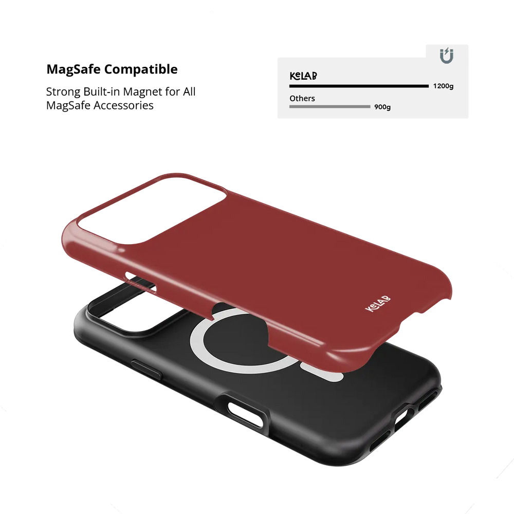 Solid color KELAB iPhone case with MagSafe cutout, red tough protective case with glossy finish