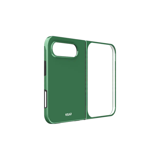 Forest Green, Deep Pine Minimalist iPhone 18 Fold Case, unfolded side view showing the hinge