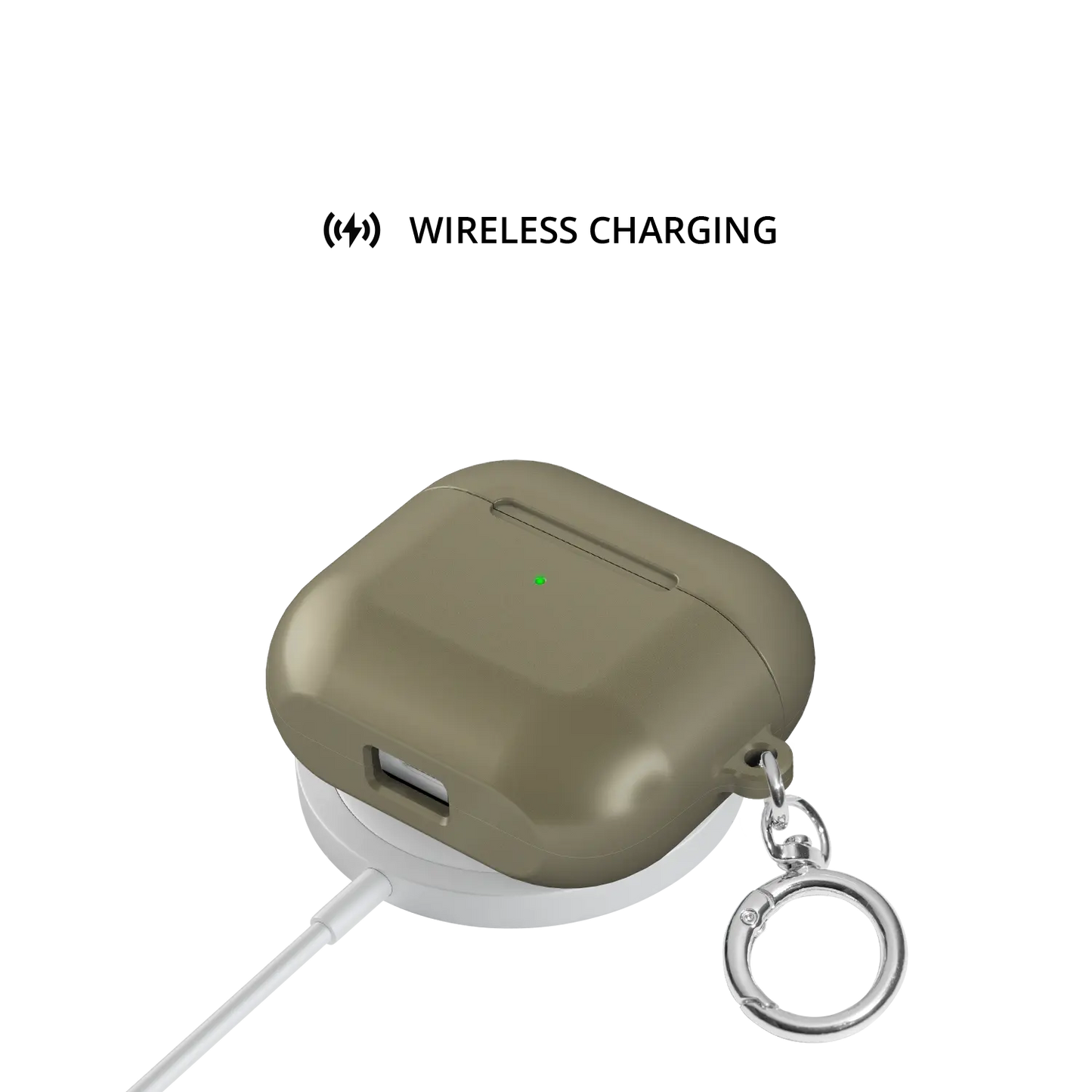 Solid Green Olive AirPods Case, on wireless charger