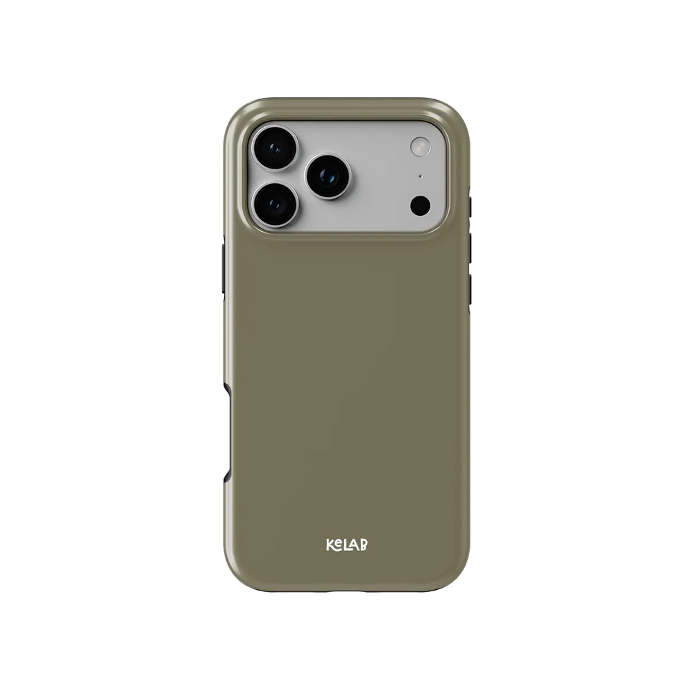 KELAB solid color iphone case in olive green with electroplated chrome finish and raised camera lip