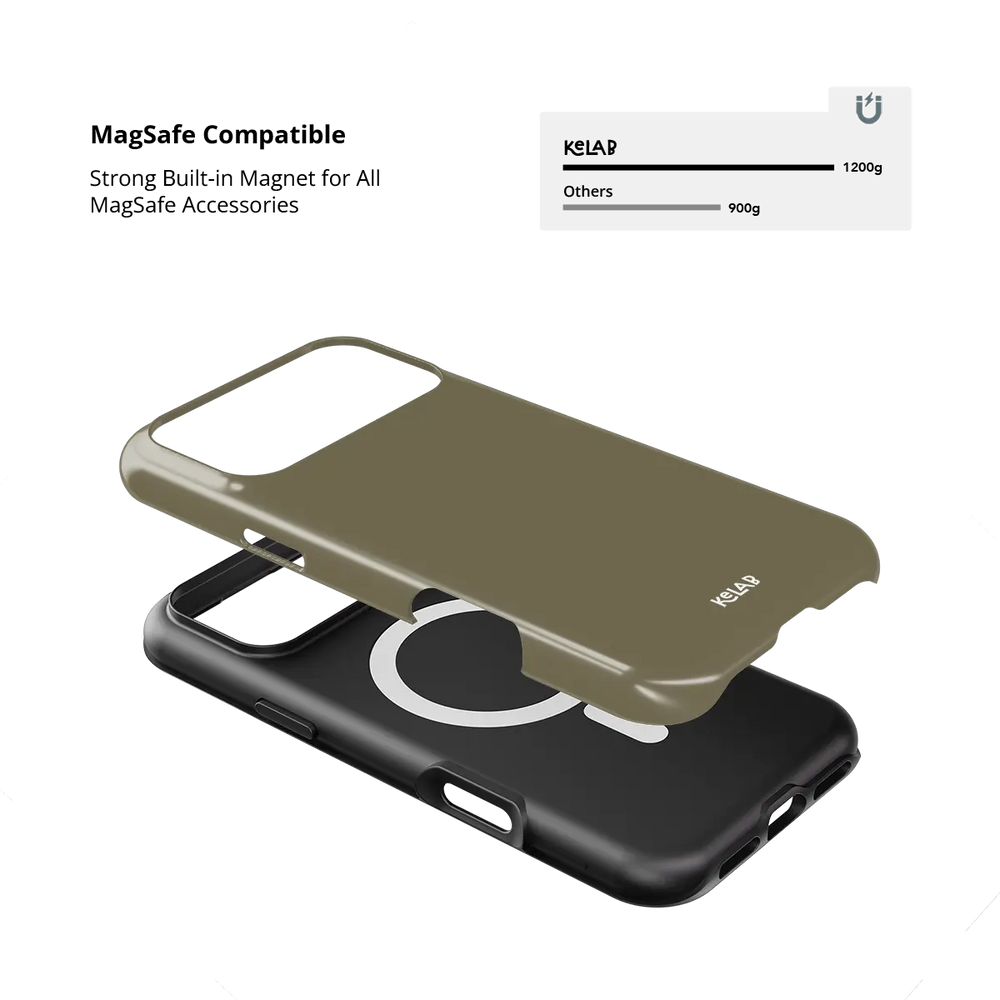 Solid color gold KELAB iPhone case with MagSafe raised camera lip