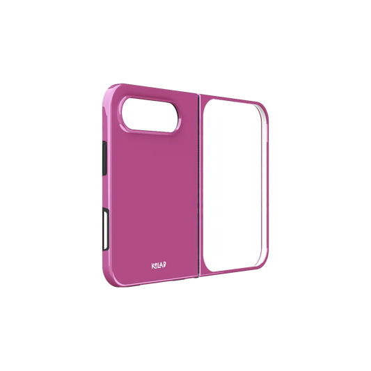 Pink Magenta, Deep Berry iPhone 18 Fold Case, unfolded side view showing the hinge