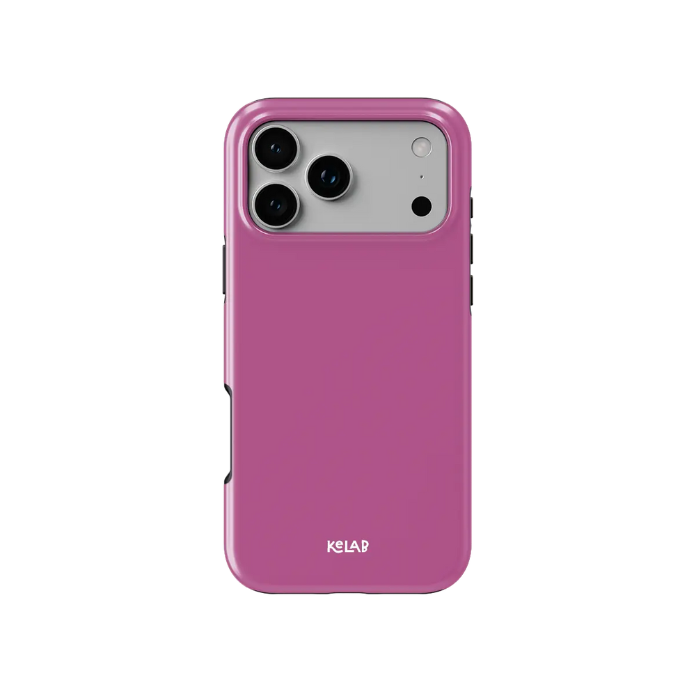 Solid color KELAB iphone case in pink with hard shell and silicone liner, raised camera lens lip