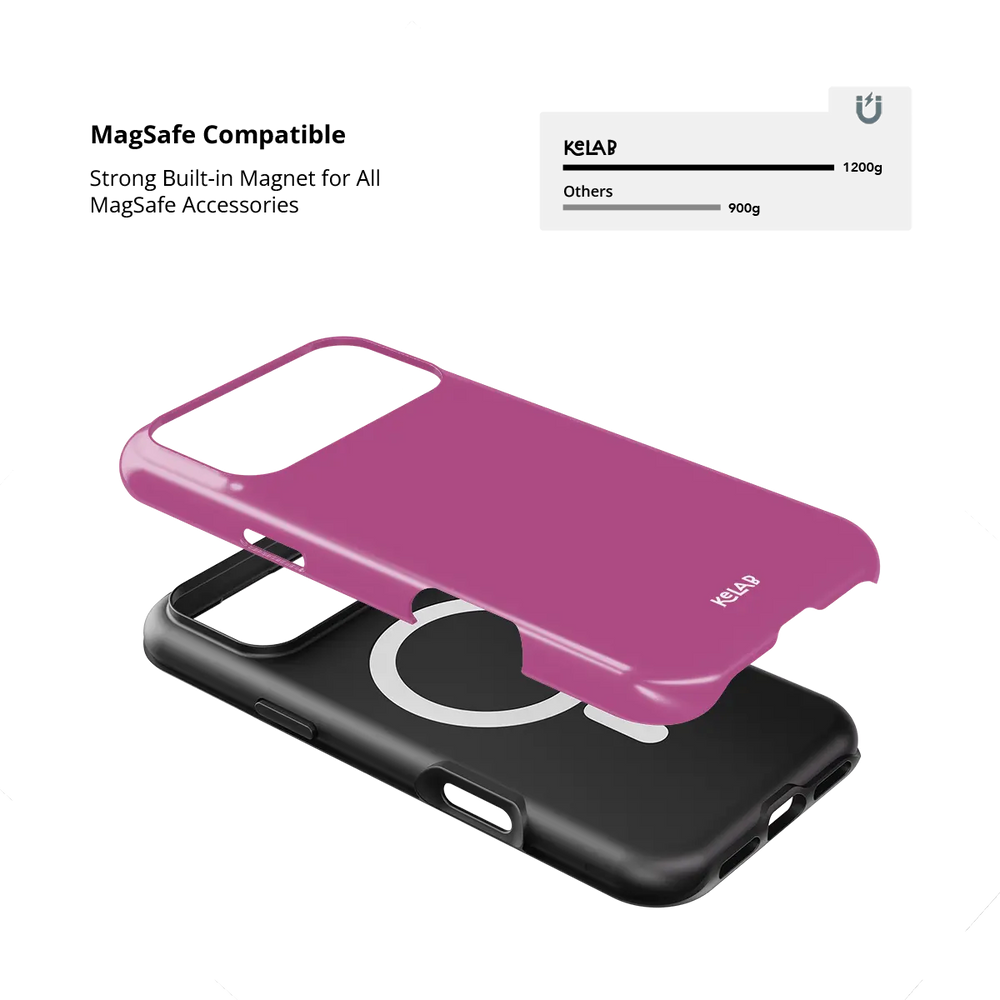 Solid color KELAB iPhone case in pink with raised camera lens lip and MagSafe