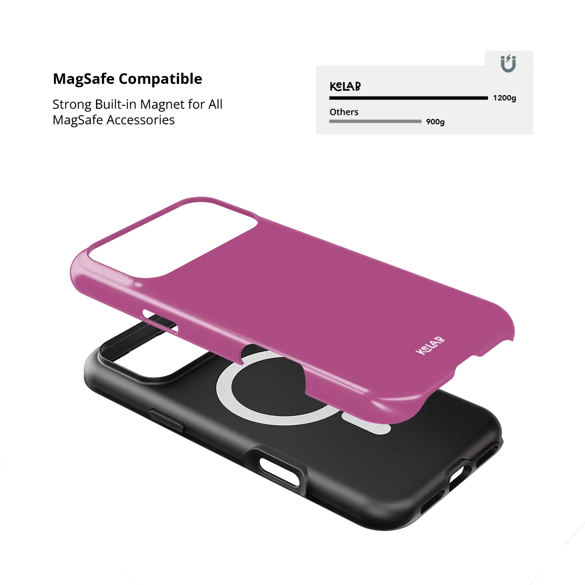 Solid color KELAB iPhone case in pink with raised camera lens lip and MagSafe