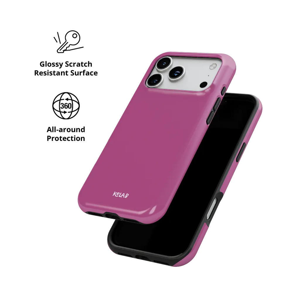 Solid color KELAB iPhone case in pink with raised camera lens lip and hard shell design