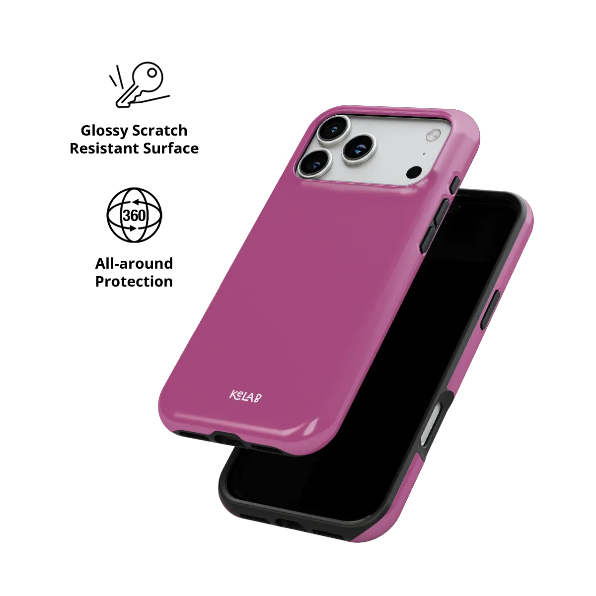 Solid color KELAB iPhone case in pink with raised camera lens lip and hard shell design
