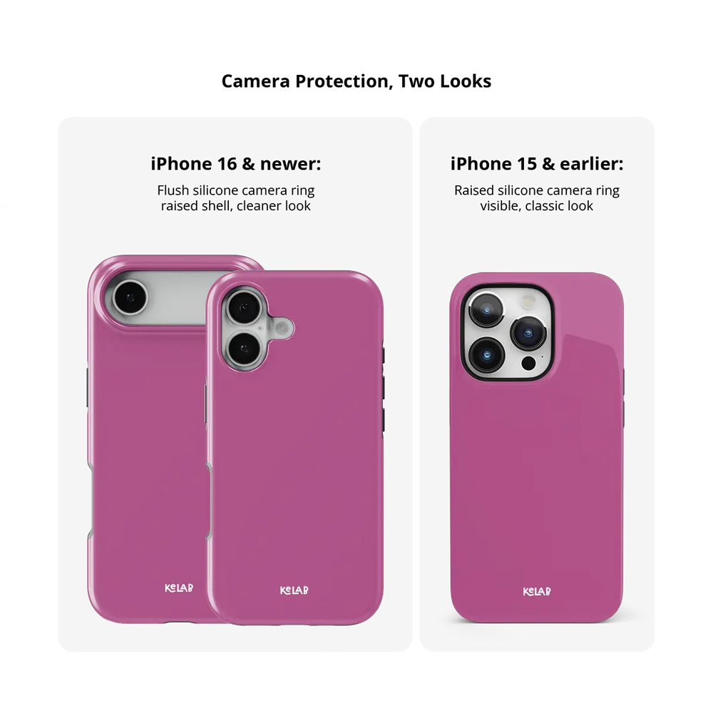 KELAB solid color iphone case in magenta with raised camera lens lip and MagSafe