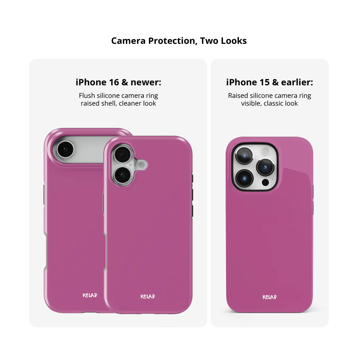 KELAB solid color iphone case in magenta with raised camera lens lip and MagSafe