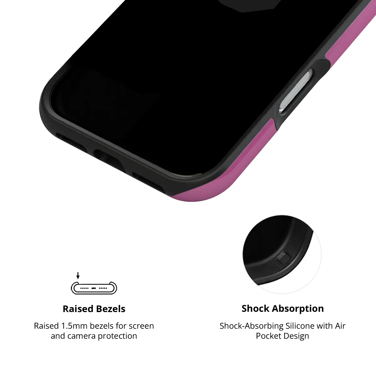 KELAB solid color iphone case with raised camera lens lip, black and pink hard shell