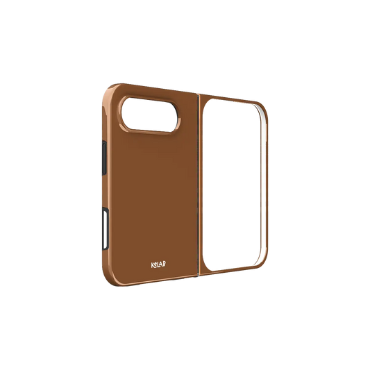Brown Chestnut, Warm Leather Tone iPhone 18 Fold Case, unfolded side view showing the hinge