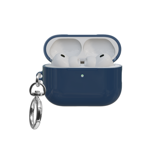 Solid Navy Ink airpods pro case front view with open lid and keychain