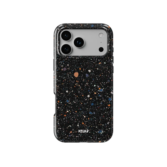 Obsidian Mist black paint splatter Tough iPhone case, front view showing the pattern.