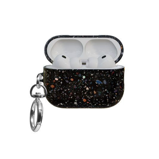 Black Paint Splatter Abstract Art airpods pro case front view with open lid and keychain
