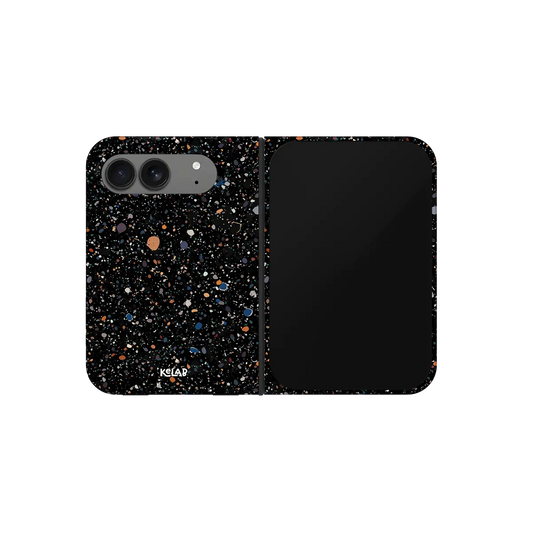 Black Paint Splatter, Dark Art iPhone 18 Fold Case, unfolded front view