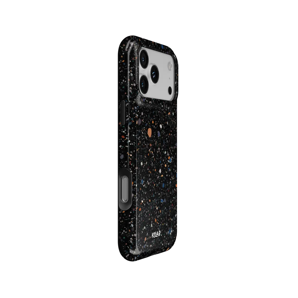 Obsidian Mist black paint splatter Tough iPhone case, side view showing the pattern wrapped around the shell.