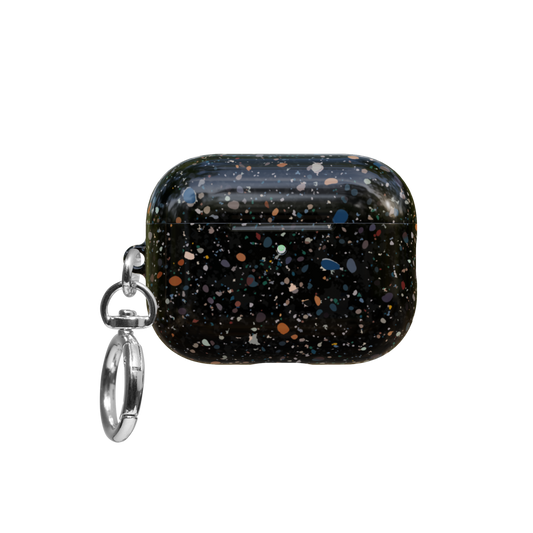 Black Paint Splatter Abstract Art airpods pro case front view with closed lid and keychain