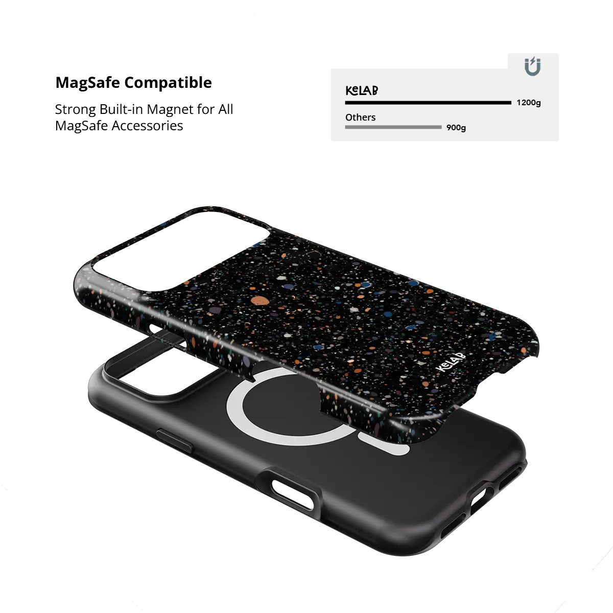 Obsidian Mist black paint splatter Tough iPhone case with built-in strong MagSafe magnets.