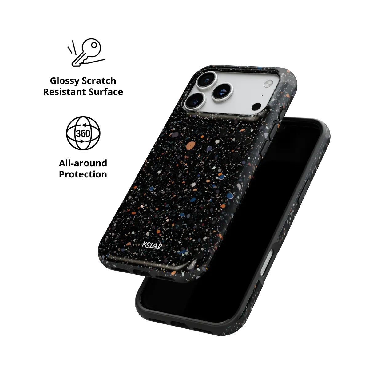 Obsidian Mist black paint splatter Tough iPhone case with glossy, scratch resistant all-around protection.