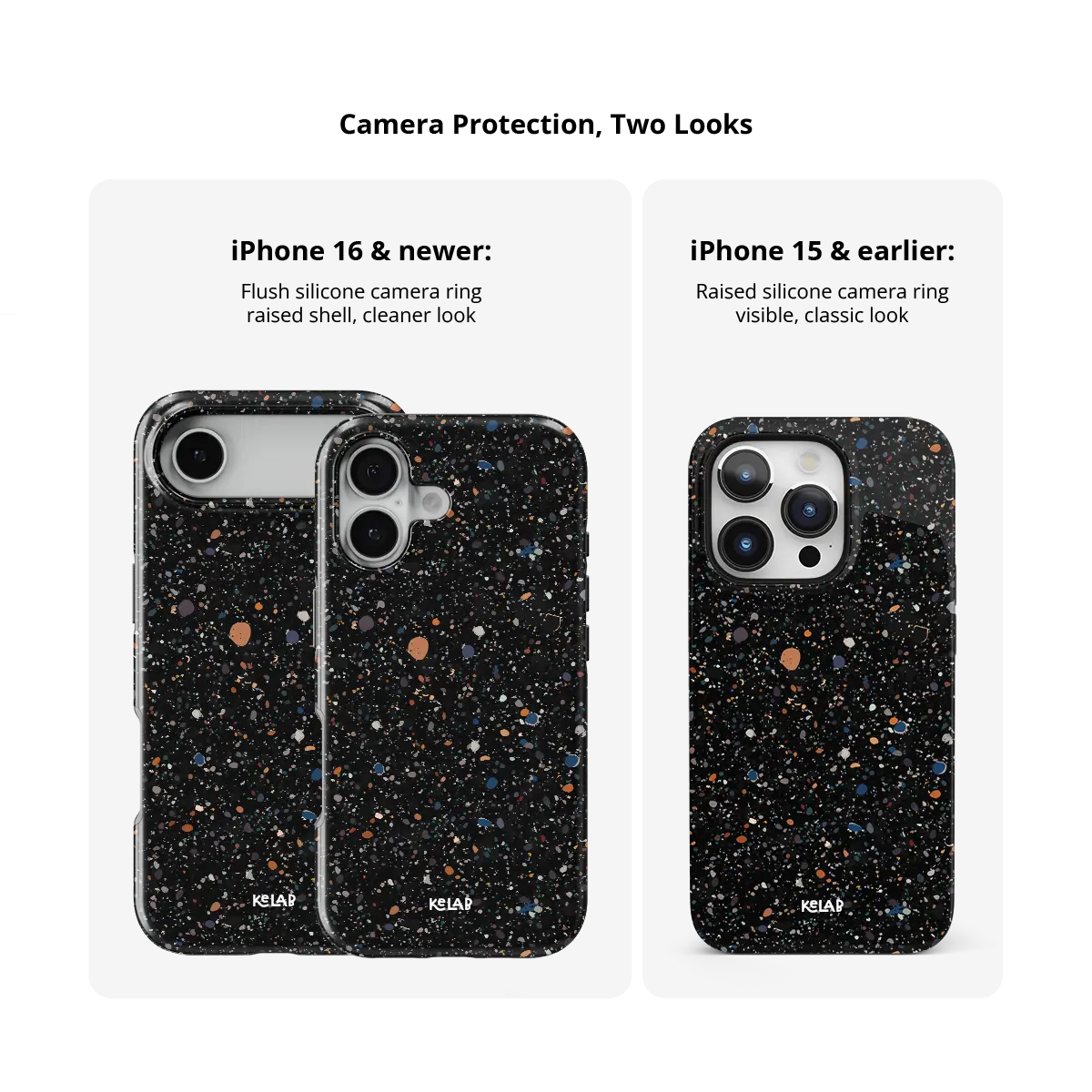 Obsidian Mist black paint splatter Tough iPhone case size comparison across iPhone 15 to 18 models.