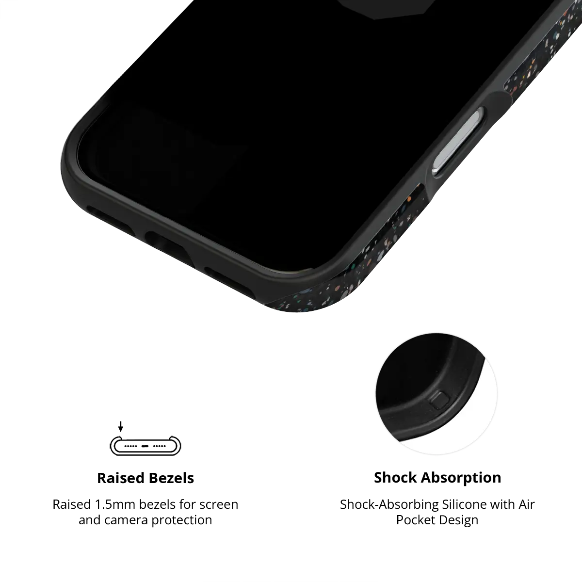 Obsidian Mist black paint splatter Tough iPhone case inner view showing shock-absorbing drop protection.